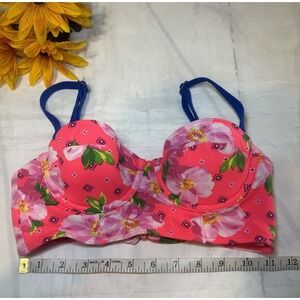 Gilly‎ Hicks Swim Push Up Bikini Top Coral Floral Print Blue Straps XS